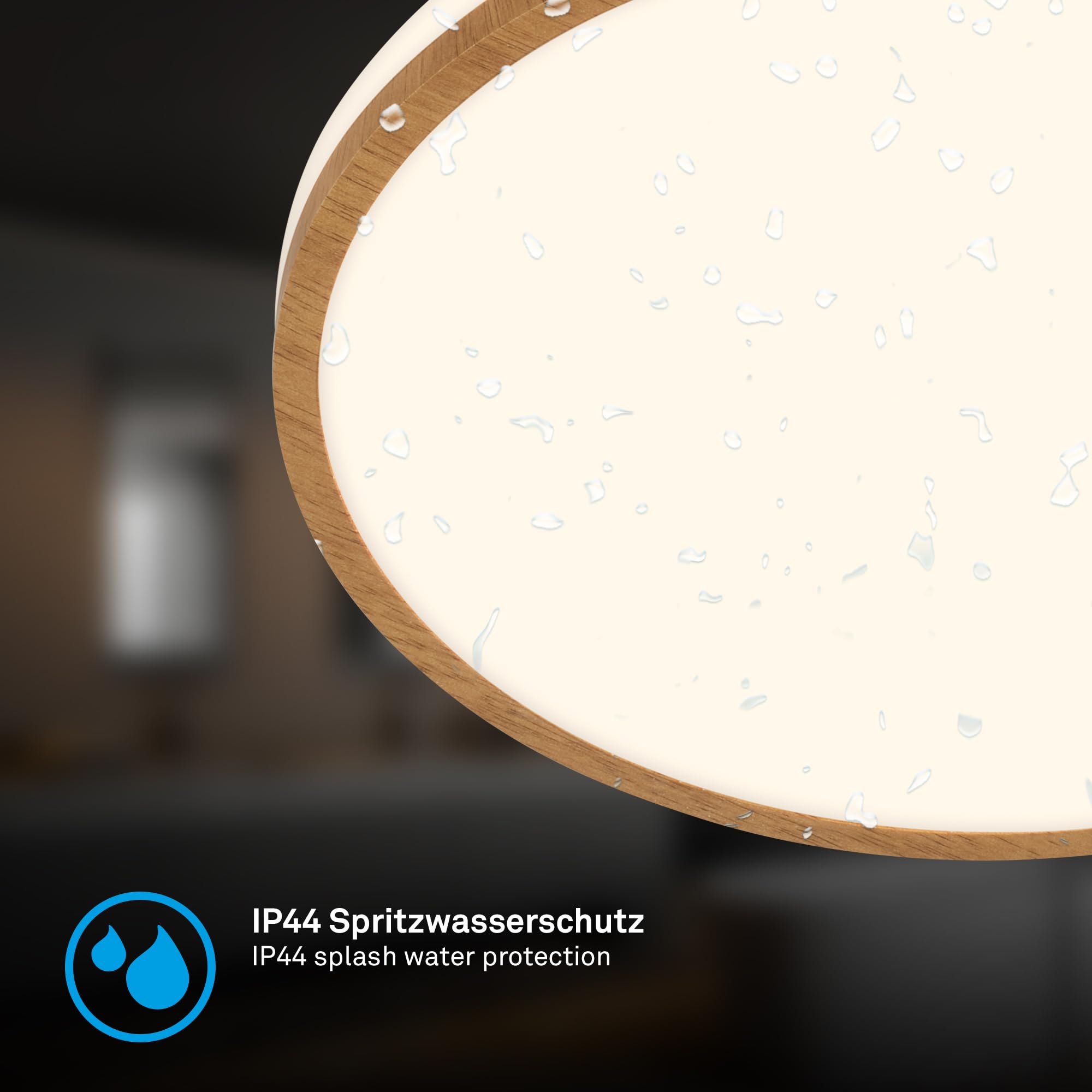Briloner - Plafon led techo baño con color de luz blanco cálido, IP44 protección contra salpicaduras de agua, 12W, 1200lm, lampara techo, lampara baño techo, 28 x 7 cm, madera blanca