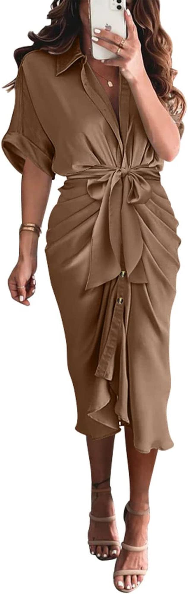 Women's Button Down Ruched Shirt Dress | Elegant V Neck Lapel Maxi Satin Dress | Spring Summer 2024