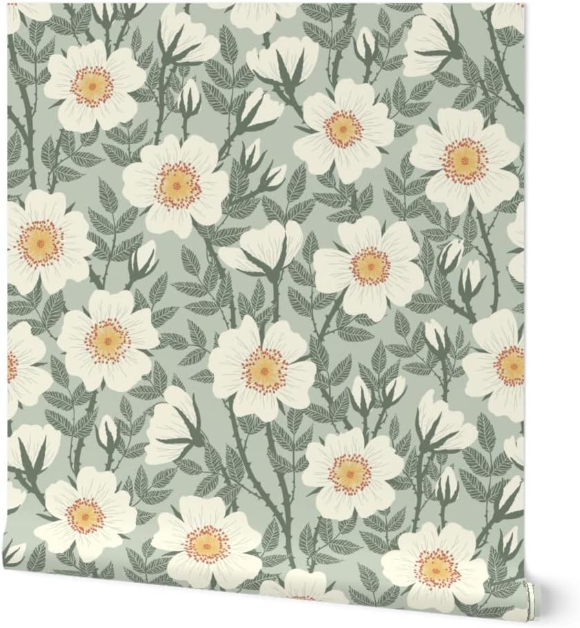 Peel & Stick Wallpaper 3ft x 2ft - Wild Roses Sage Green Vintage Floral Jade Neutral Custom Removable Wallpaper by Spoonflower