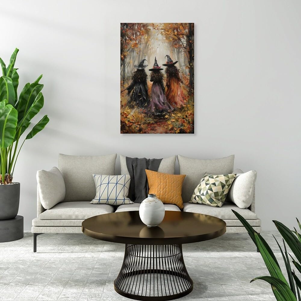 Horror Halloween Decor Wall Art Print Three Witches In The Forest Vintage Posters Decor Autumn Beautiful Witches Forest Canvas Printing For Living Room Bedroom 12x18inch Framed - Image 3