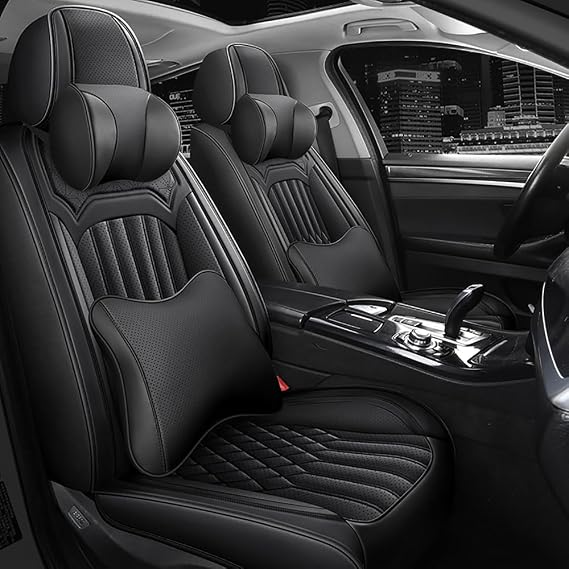 Car Seat Covers for Kia K5 2021-2026, All Season Universal Leather Waterproof Breathable Seat Protectors Interior Accessories with Airbag(Black,2 Seats with Pillows