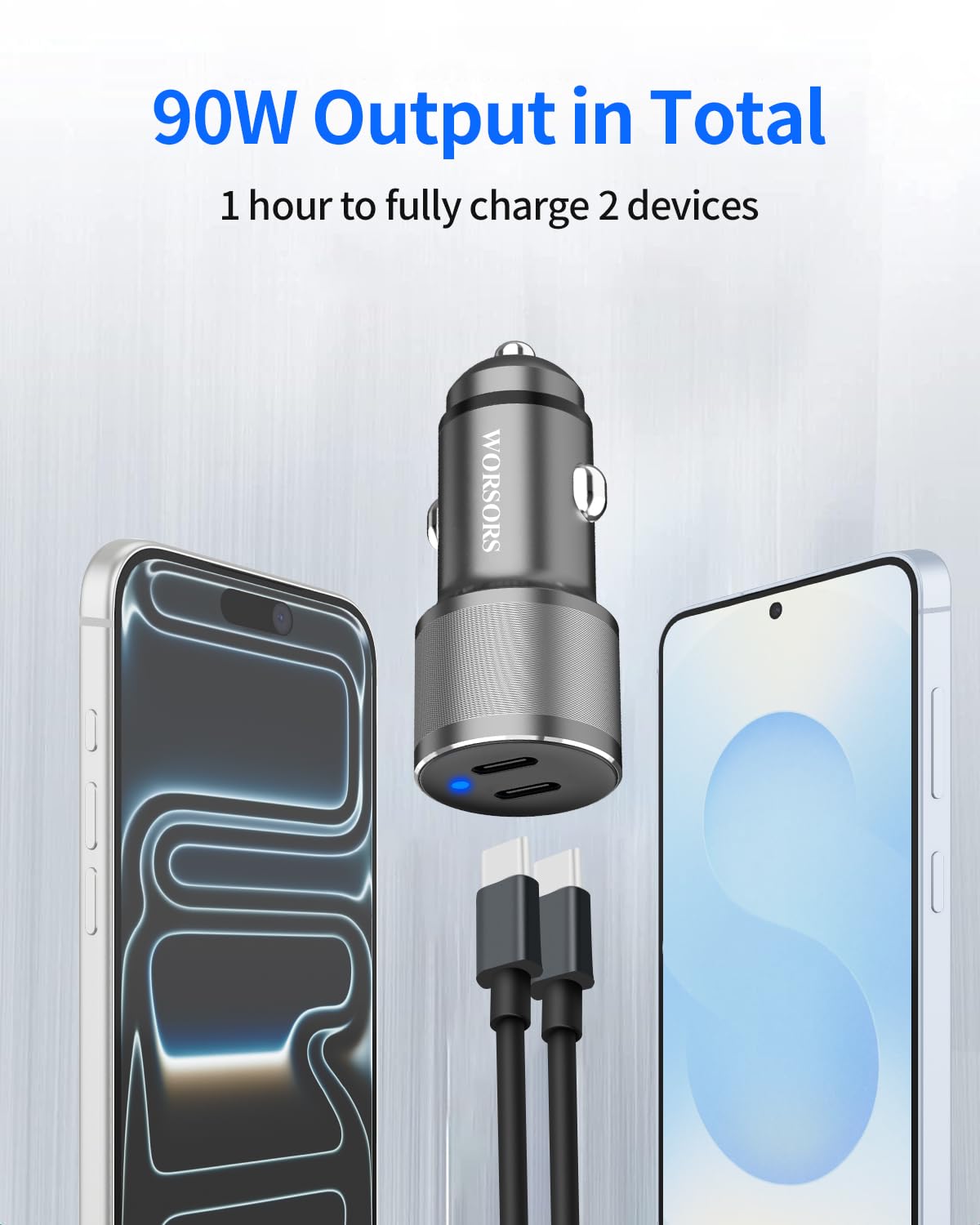Cargador dual USB C para coche, 60 W PD (30 W + 30 W), adaptador de carga súper rápida de metal compatible con Samsung Galaxy S22 Ultra/Plus/S21 Fe, Note 20/10, Google Pixel 6 Pro/6, iPad + 2 cables