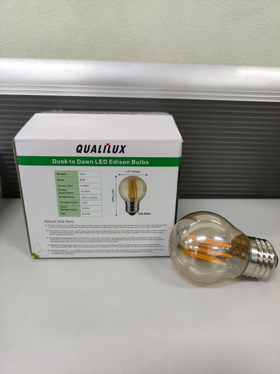 Qualilux G14 Small Dusk to Dawn Edison Light Bulbs Outdoor, Vintage Amber Glass, 4W=40W, Replace A15, 400LM Warm Light, Auto On/Off Light Sensing LED Filament Bulb, Non-Diimable, E26, 4-Pack, HQ-H039