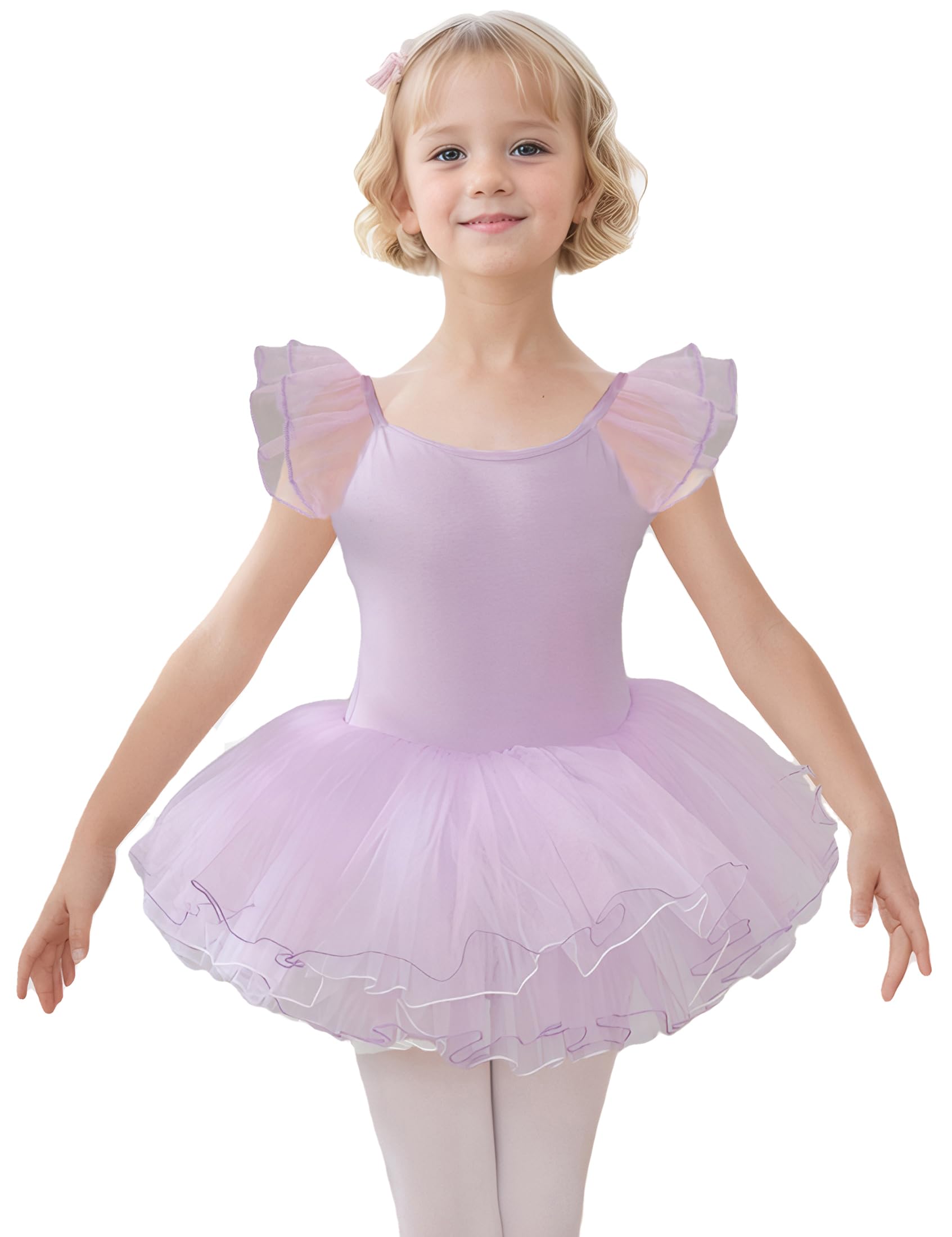 HIPPOSEUS Girls Ruffle Sleeve Ballet TUTU Leotards Dance Dresses Purple Leotard Outfit for Ballerina,Y-04WDM, 10-11 Years