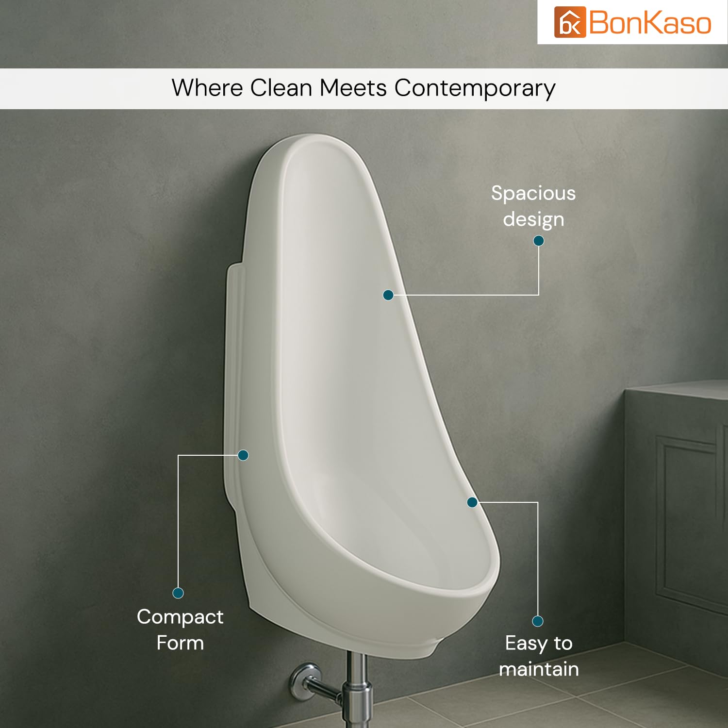 BonKaso White Ceramic Wall Mount/Hung Urinal for Men and Boys | Size (12.4 x 10 x 20 Inches) | Premium Designer Urinal Pot for Gents | Modern Sanitary Ware for Bathroom/Washroom/Toilet 1