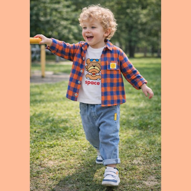 OrJana Set Abbigliamento Bambino 3 Pezzi, Camicia a Quadri, T-Shirt Bianca manica lunga, Jeans Blu
