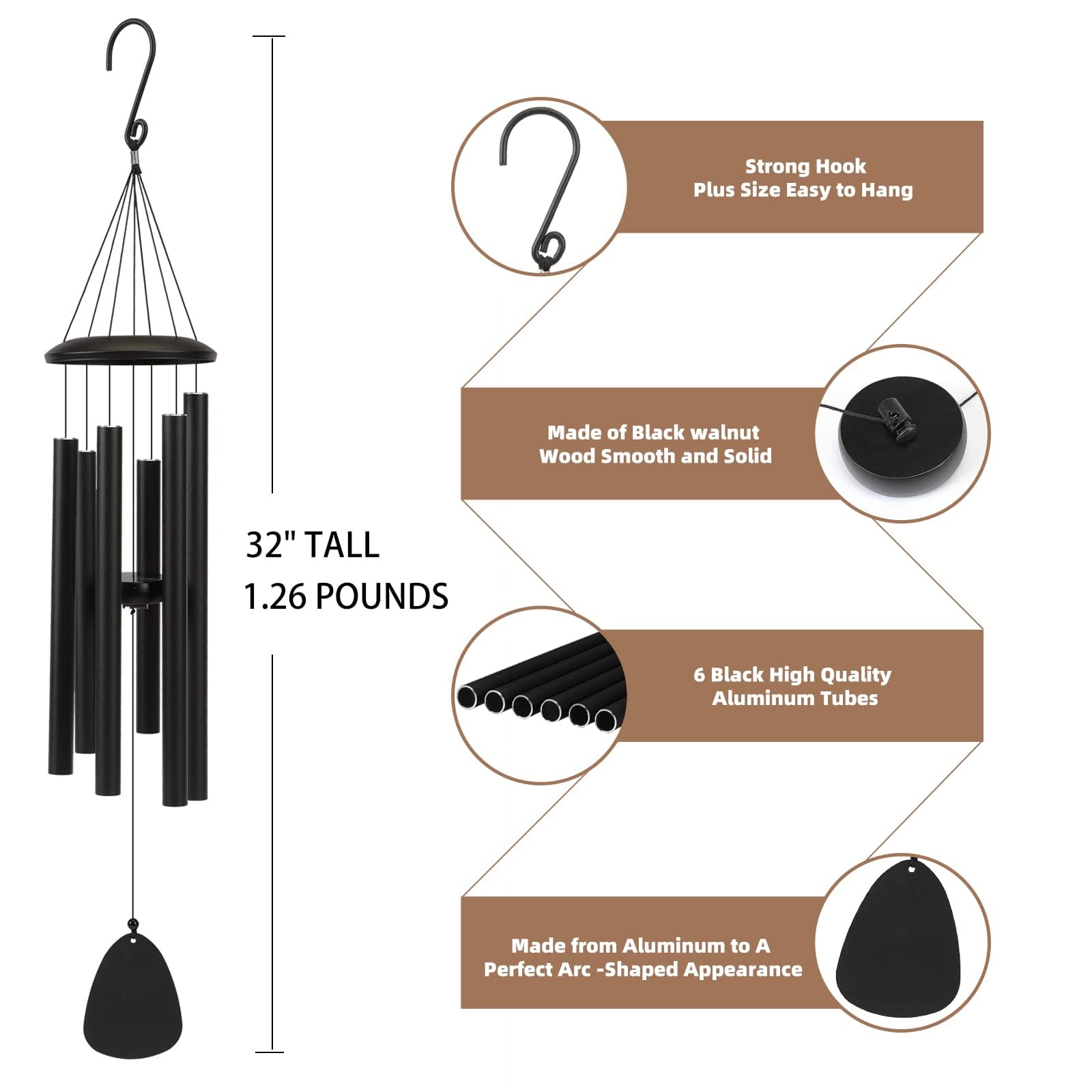 Windspiel für draußen, 6-Röhren-Klangspiel für Garten, Balkon und Terrasse, Hängende Gartendekoration, Schwarz, 32 Zoll