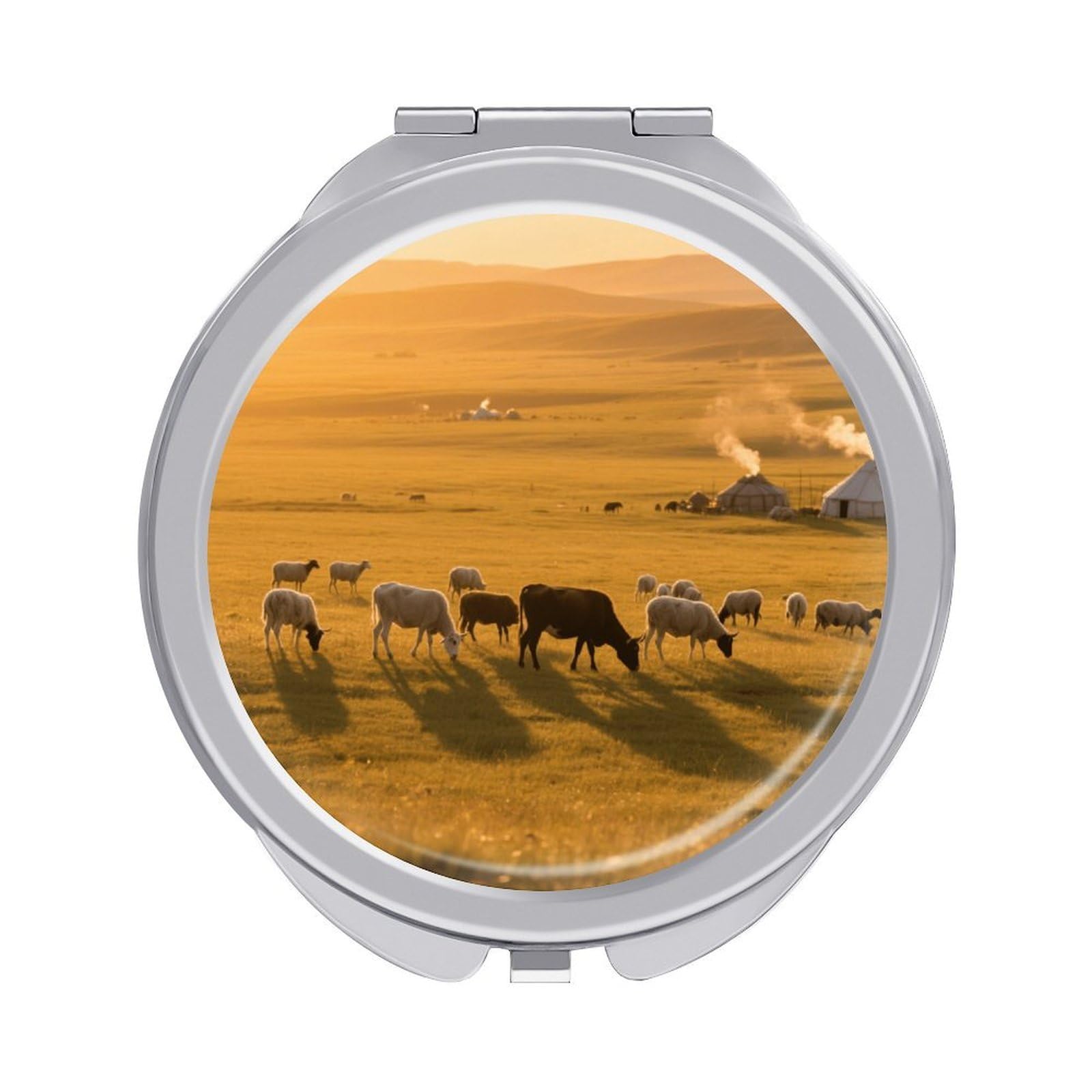 Fekiloot Style Herds Of Cattle And Sheep Travel Makeup Mirror Handheld Compact Mirror Portable Pocket Mirror Double-Sided 1X/2X Magnifying For Handbag And Purses