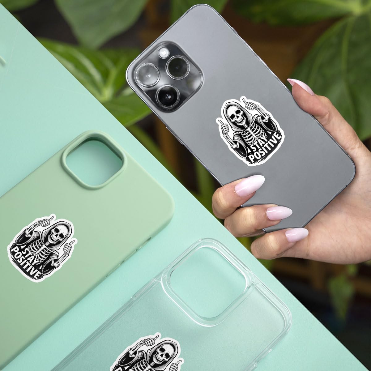 3 Pcs Stay Positive Skeleton Sticker – Funny Inspirational Quote Vinyl Decal Waterproof for Laptop, Water Bottle, Tumbler, Car – Gift for Humor Lovers, Motivators – 3 Inch 3 - Image 2