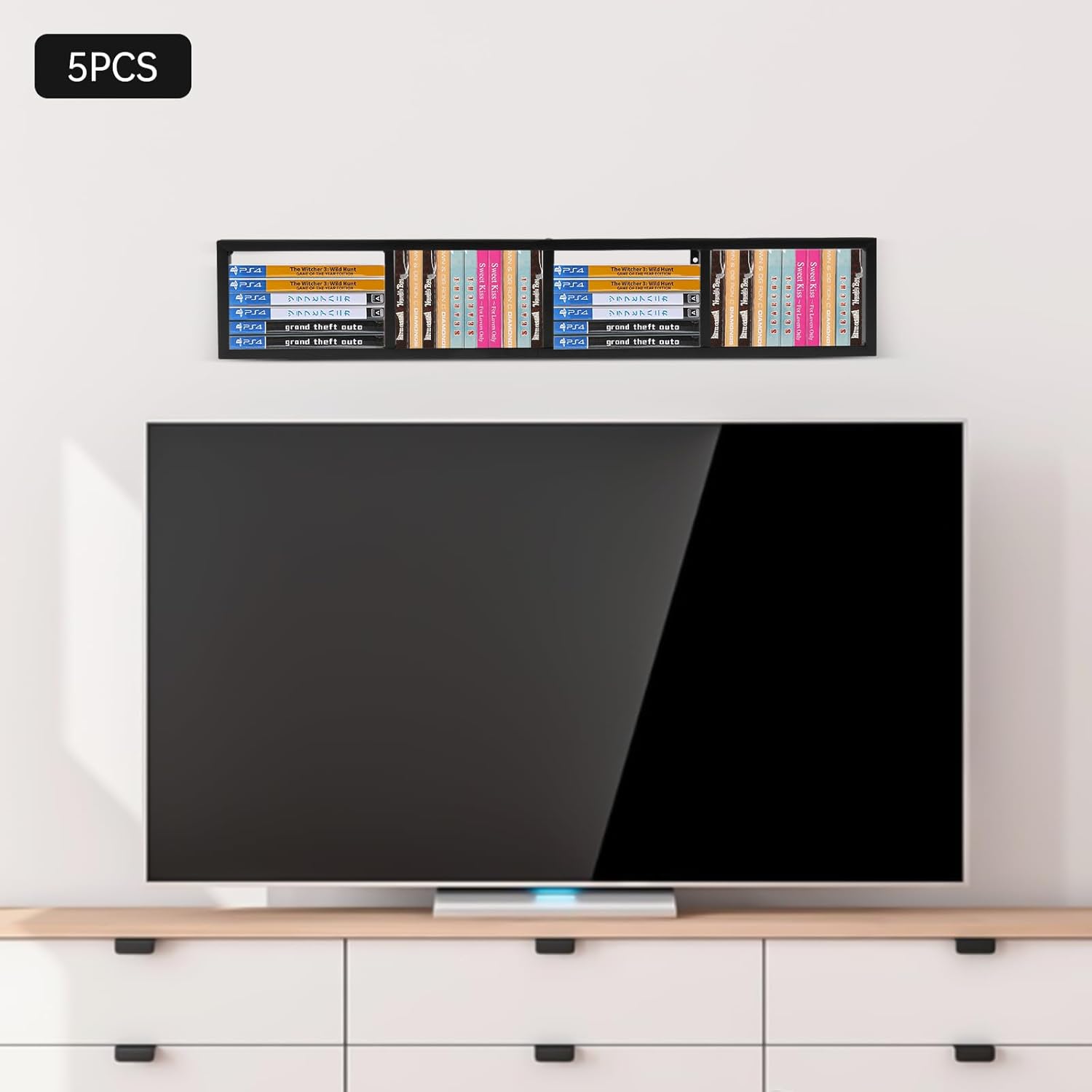 5Pcs DVD Shelves Wall Mount Media Storage Rack CD DVD Organizer Metal Shelf 34 Inch Cube Storage Media Shelf and Video Game Organizer, Cube Organizer Shelves Floating Shelves for Wall (5PCS-BLACK)