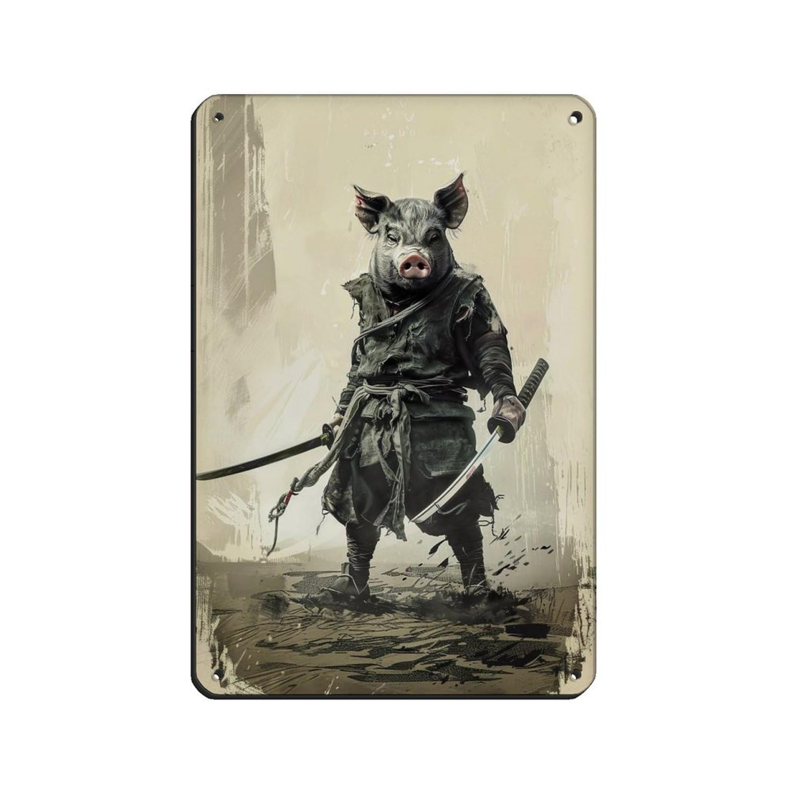 Ninja Pig Holding A Katana Sword Retro Poster Metal Tin Sign Chic Art Retro Iron Painting Bar People Cave Cafe Family Garage Poster Wall Decoration 8x12inch(20x30cm)