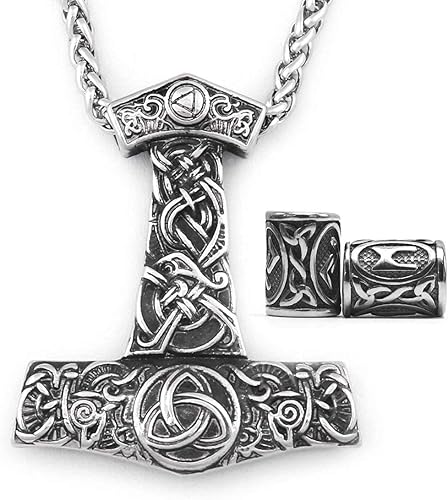 Gungneer Triskele Triquetra Valknut Mjolnir Thors - Collar con colgante de martillo de acero inoxidable, accesorios vikingos nórdicos para hombre