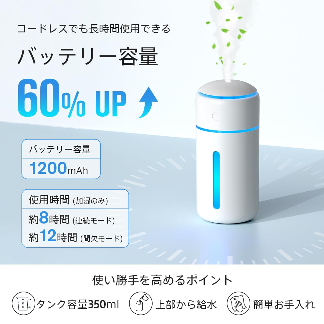 上から給水で簡単操作のコンパクトなコードレス加湿器 上から給水で簡単操作のコンパクトなコードレス加湿器