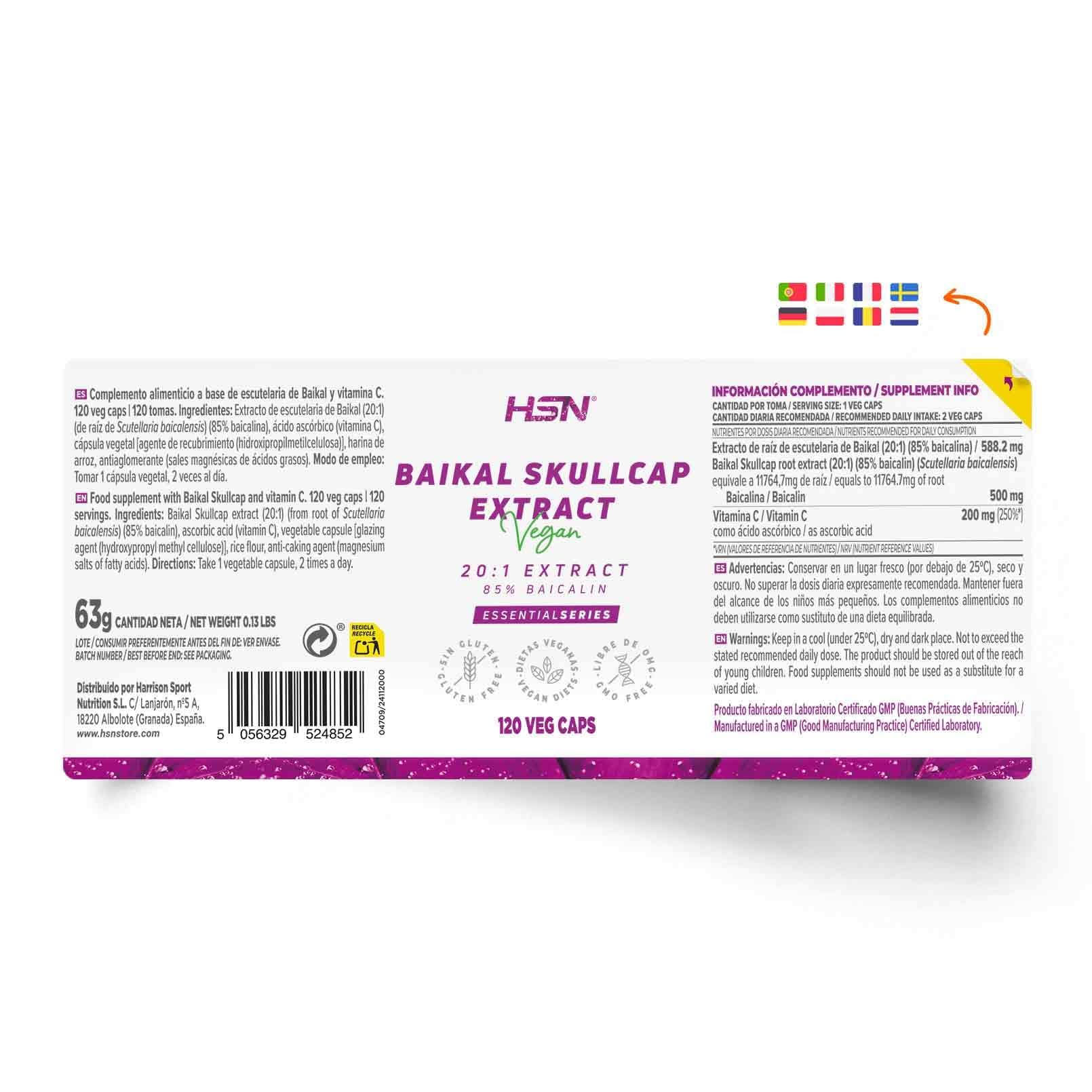 HSN Baicalin (Scutellaria baicalensis) 500 mg pro Tagesdosis | 120 Pflanzliche Kapseln | 20:1 Extrakt aus der Wurzel der Baikal-Helmkraut (Scutellaria baicalensis, 85% Baicalin) | Ohne Gentechnik, Ve