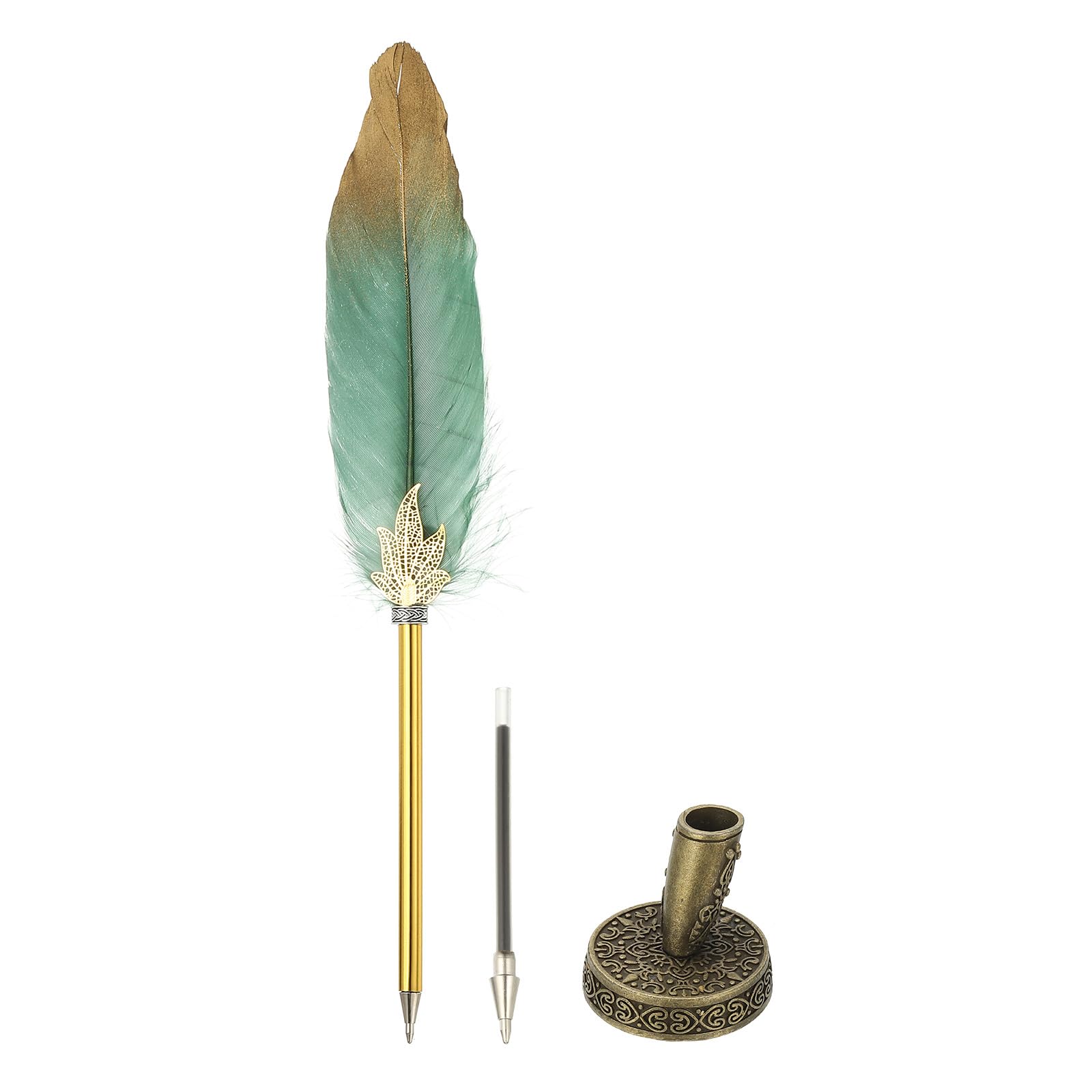 PATIKIL Feather Pen Quill, Feather Ballpoint Pen Bulk Refined Vintage Feather Calligraphy Pen with Bronze Pen Holder for Guest Signature Wedding Bridal Office Writing, Dark Green