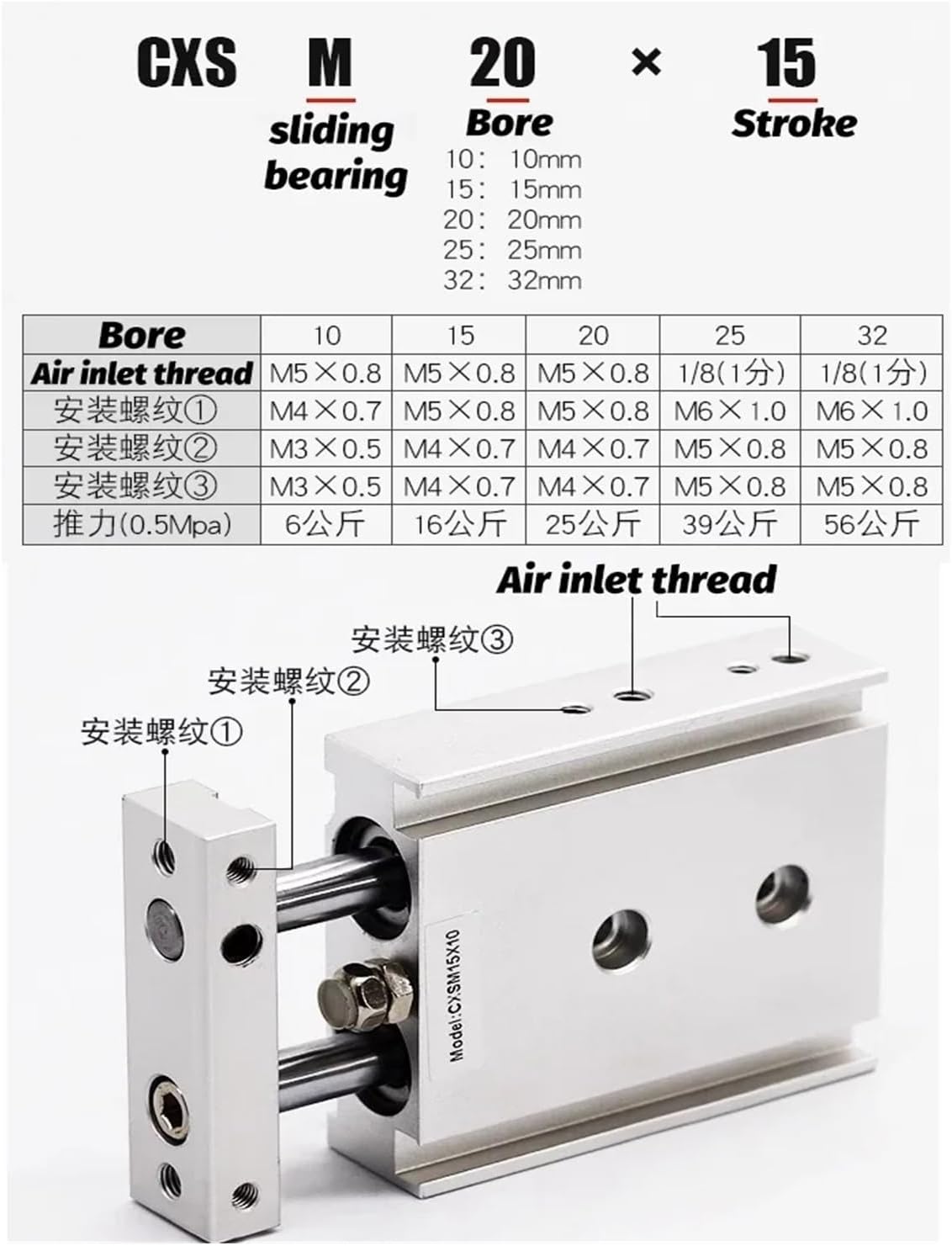 CXSMデュアルロッドシリンダー 空気圧シリンダー CXSM10 CXSM15 CXSM20 CXSM25 CXSM32 二軸デュア