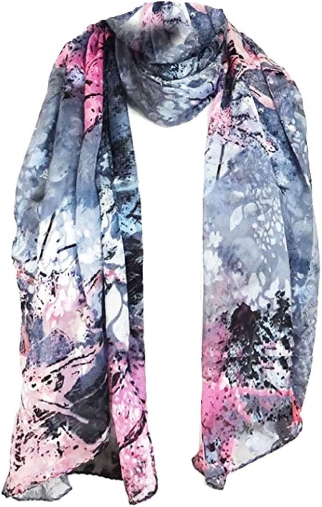 Chiffon/Satin Blend Blue/Silver Abstract Print - Silk Long Scarf 21" x 68"
