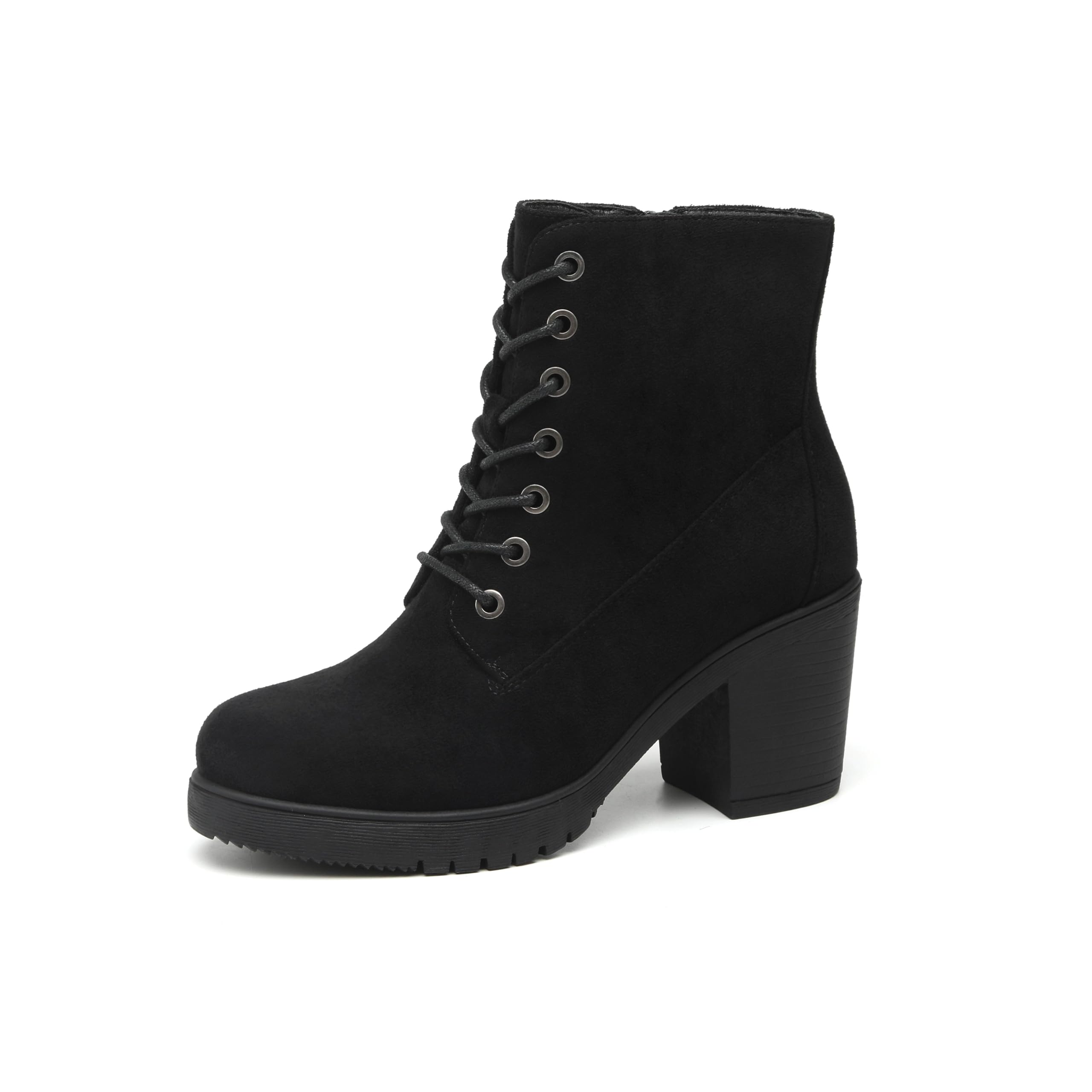 TYNDALL Womens Chunky Heel Ankle Boots Stylish High Heel Lace-Up Side Zipper Booties for Girls Black Womens Boots
