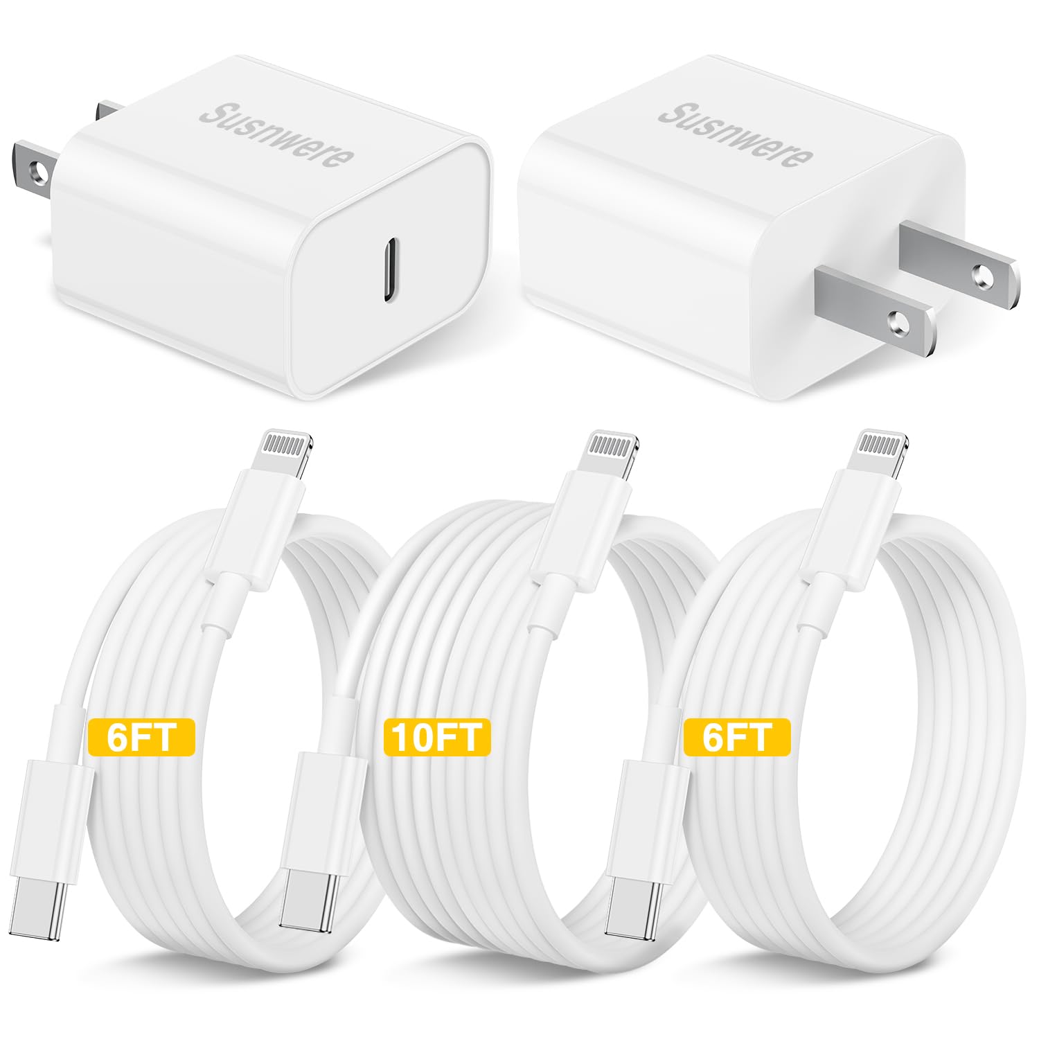 Susnwere 3Pack iPhone Charger Fast Charging,20W Fast PD USB C Wall Charger Adapter with 6Ft USB C to Lightning Cable Compatible for iPhone 14/14 Plus/14 Pro/14 Pro Max/13/ White