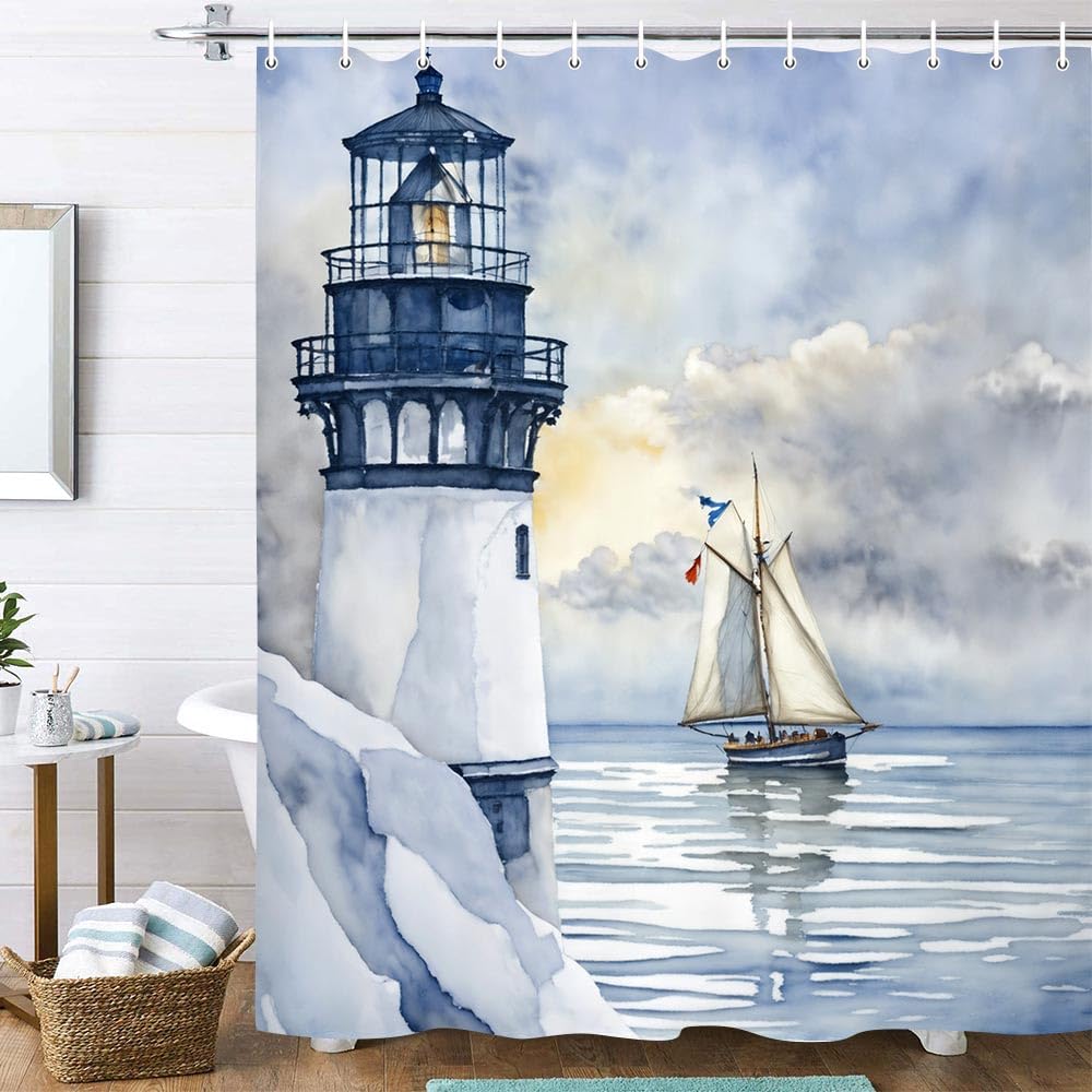Hjokiupt Coastal Lighthouse Shower Curtain for Bathroom, Ocean Nautical Sunrise Beach Seascape Bath Curtain, Sailboat Waterproof Shower Curtain Set