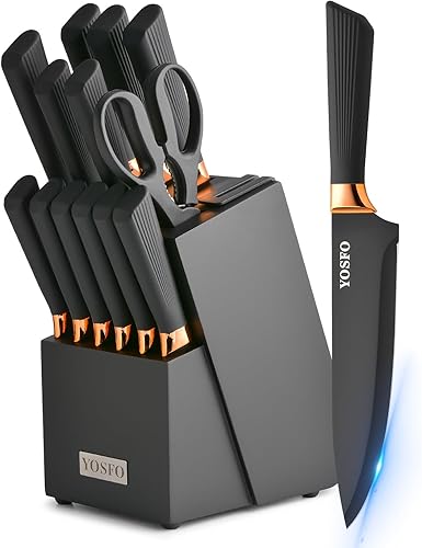 Juego de cuchillos de cocina, juego de 15 cuchillos con bloque y afilador, acero inoxidable de alto carbono ultra afilado, apto para lavavajillas