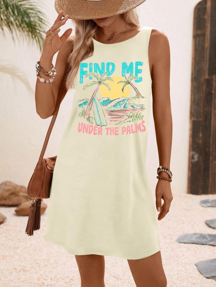 Image of MYHALF Summer Tank Dress for Women Sleeveless Beach Vacation Sundress Short Coconut Tree Sun Dress Casual Coverup