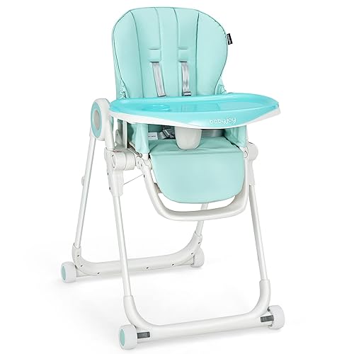 BABY JOY Silla alta para bebés y niños pequeños, silla alta plegable con respaldo/reposapiés/altura del asiento, bandejas dobles extraíbles, cojín