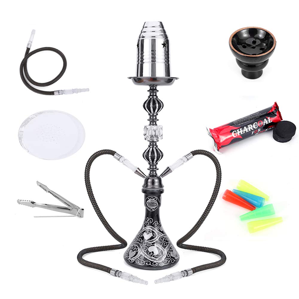 Cachimba Shisha Hookah Kit Set Hookah de Vidrio de 2 Mangueras, con Hookah Bowl Clip de Carbón Gratis Papel de Aluminio Y Boquilla Juego Completo de Hookah,2 Hose