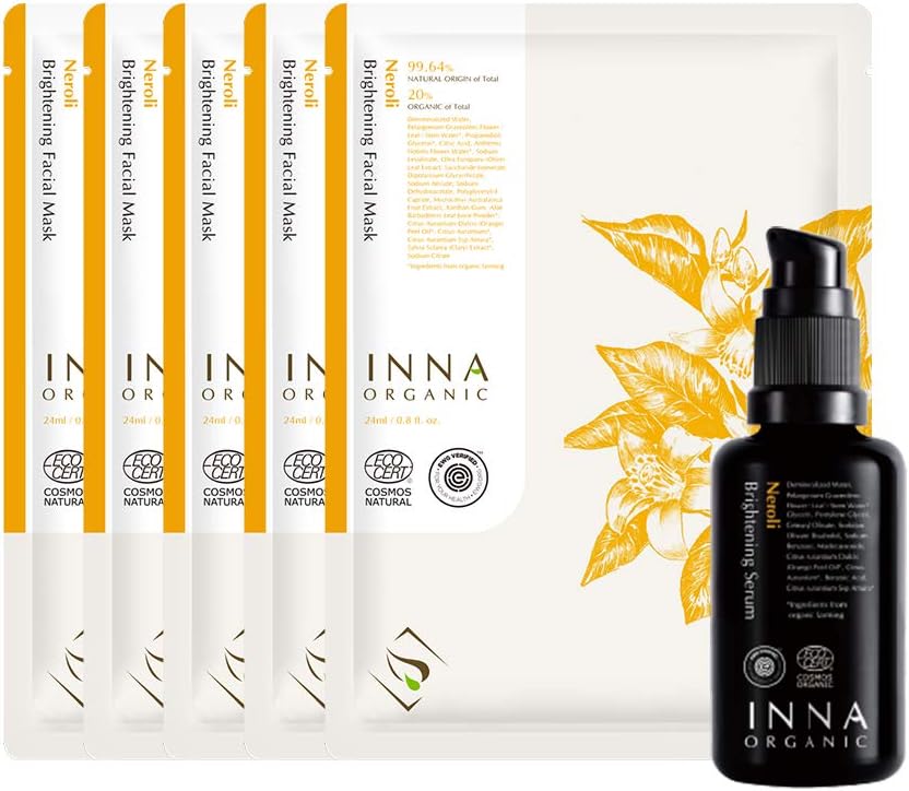 Inna Organic BRIGHTENING SERUM AND SKIN SHEET MASK SET, Radiant Skin, Balanced Complexation, Spot Treatment, Luxury Clean Beauty, Home SPA, Certified Organic