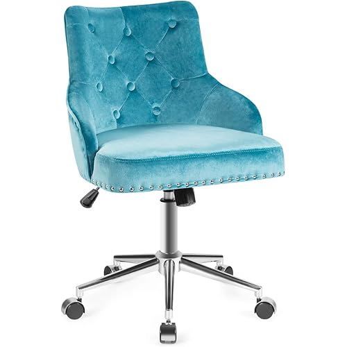 Giantex Modern Home Office Chair, Tufted Velvet Swivel Armchair, Mid-Back Velvet Office Chair with Soft Seat, Adjustable Task Chair Computer Desk Chair for Living Room Bedroom Study (Turquoise)