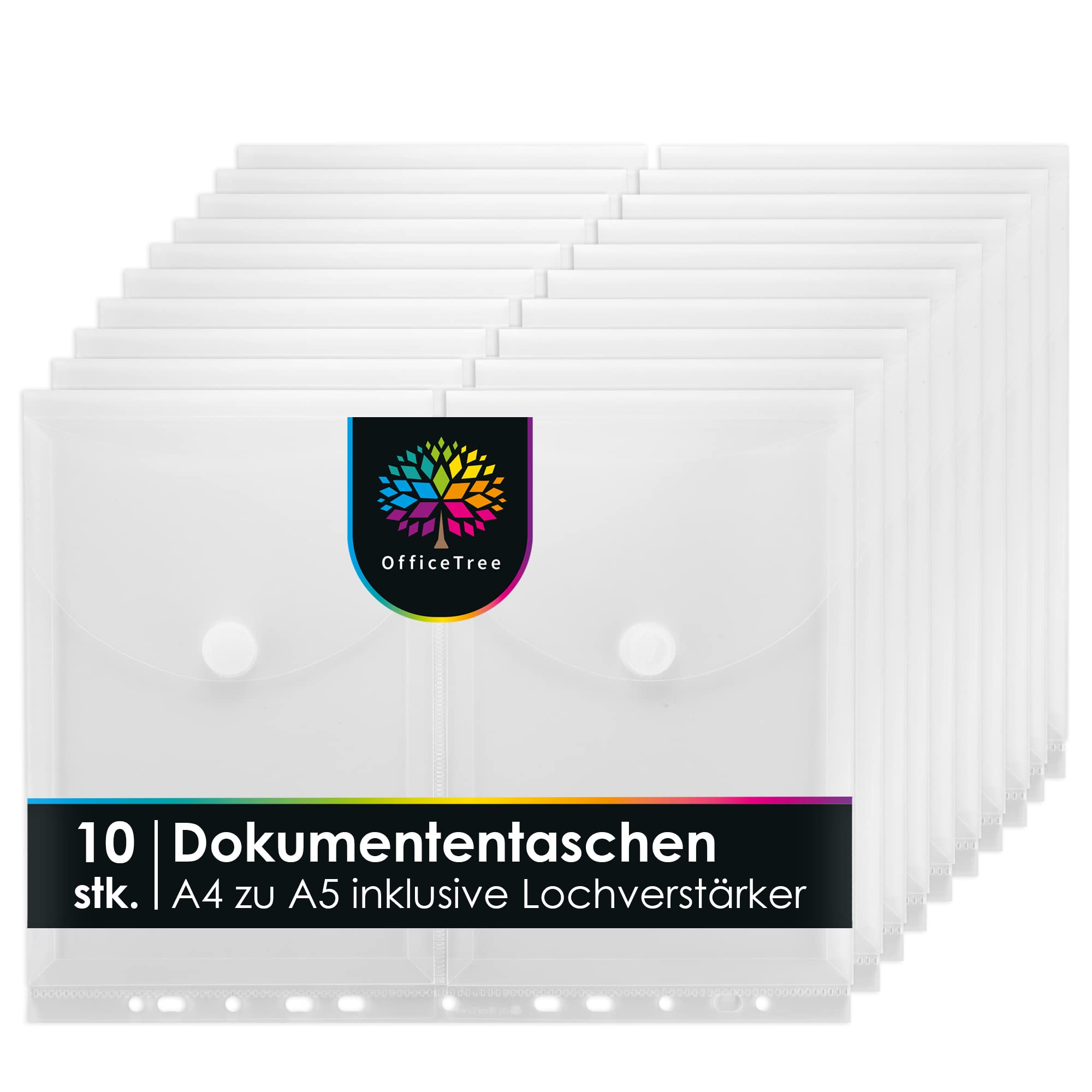 OfficeTree10x Plastic Document Pockets A5 Folders per A4 Sheet (20pcs.) - A5 Popper Wallets with 120 Hole Reinforcer - Document Wallet with Fastener and Filing Edge