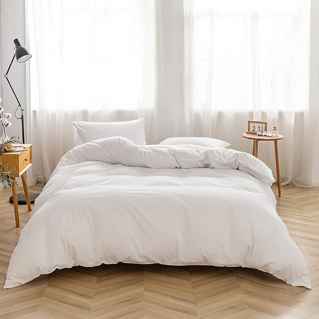 Ensemble de housse de couette Face Two Face 100 % coton lavé, housse de couette au toucher lin, respirante, durable, douce et confortable (reine, blanc)