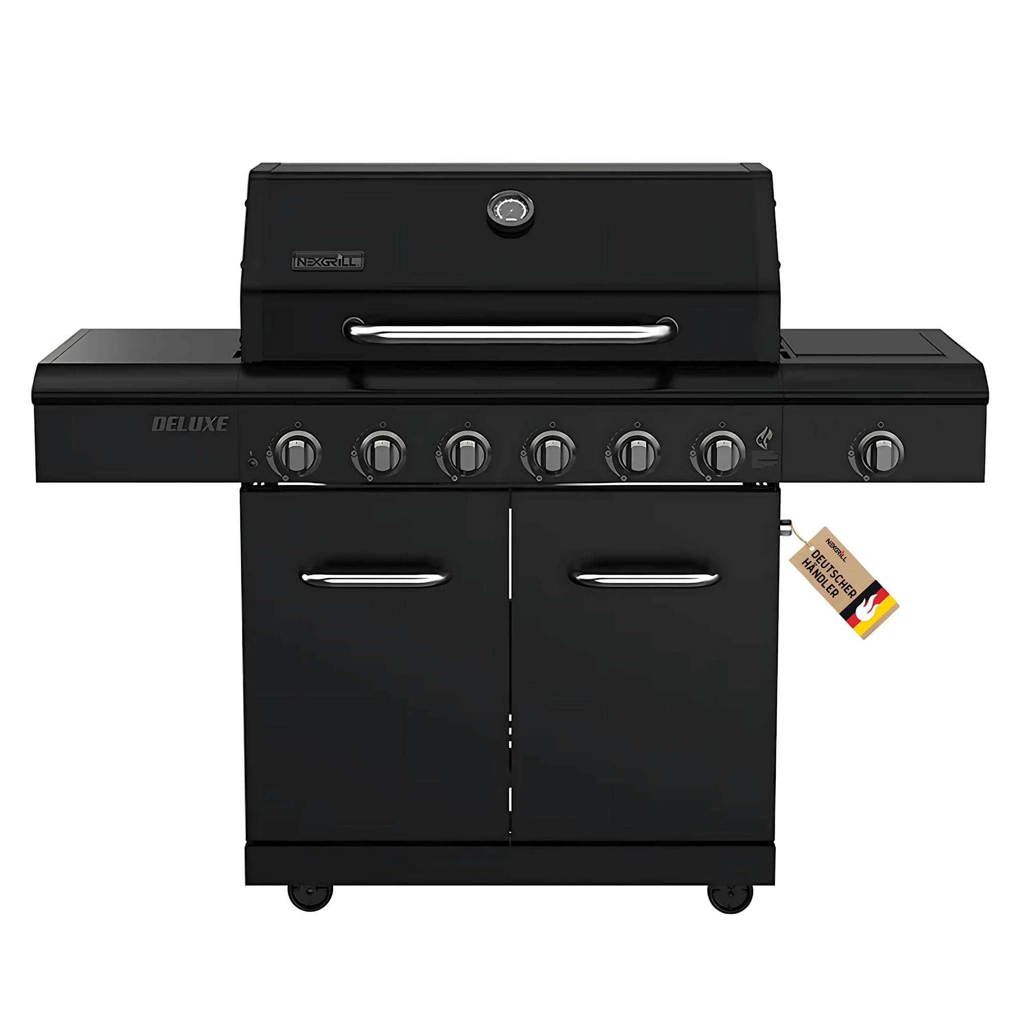 Nexgrill Deluxe 6+1 Brenner Gasgrill matt schwarz – Grill Gas mit Seitenkochfeld, porzellanbeschichteten Gusseisenrosten, Edelstahlbrennern, Ideal für Gartenpartys & Outdoor BBQ