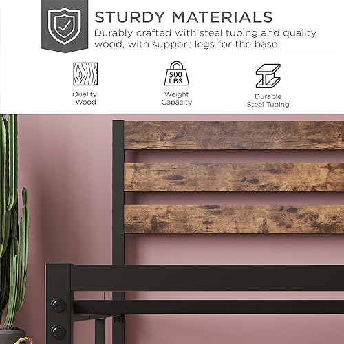 Miniatura 18 de Cama de plataforma de metal de tamaño individual con cabecera de madera, no necesita somier, fácil montaje, grano de madera negro Grano de madera