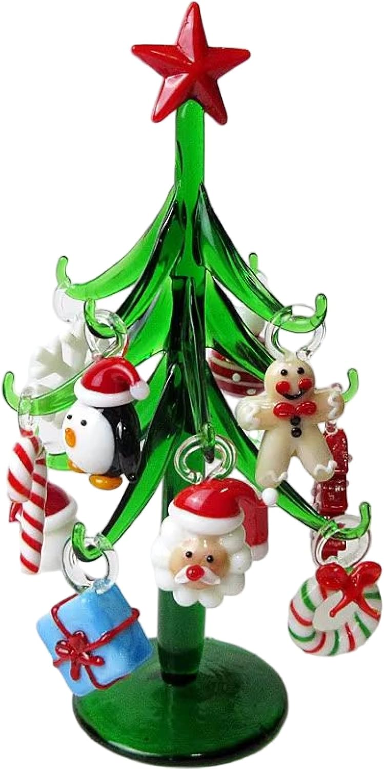 Handmade Transparent Glass Christmas Tree Figurine with 12 Pendant Accessories, Home Table Xmas Decor Ornament Set (15cm)