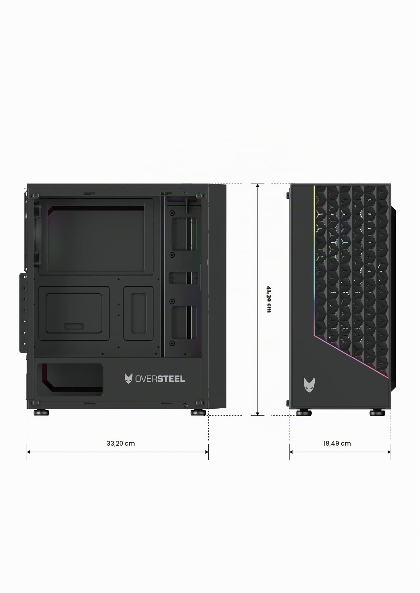 Oversteel - Iridium Boîtier PC Gaming compatible avec les cartes ATX, Micro ATX et ITX, ventilateur A-RGB 120mm, façade en mesh, 2 filtres à poussière, verre latéral trempé, USB 3.0, noir