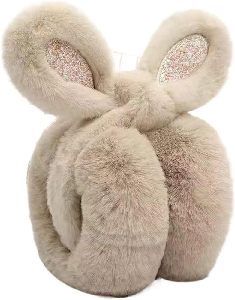 BeigeBlack Winter Earmuffs For Women Cute Rabbit Ears Warm Earflaps Thicken Furry Fold Ear Muffs Cover Protector Solid Letter(E)
