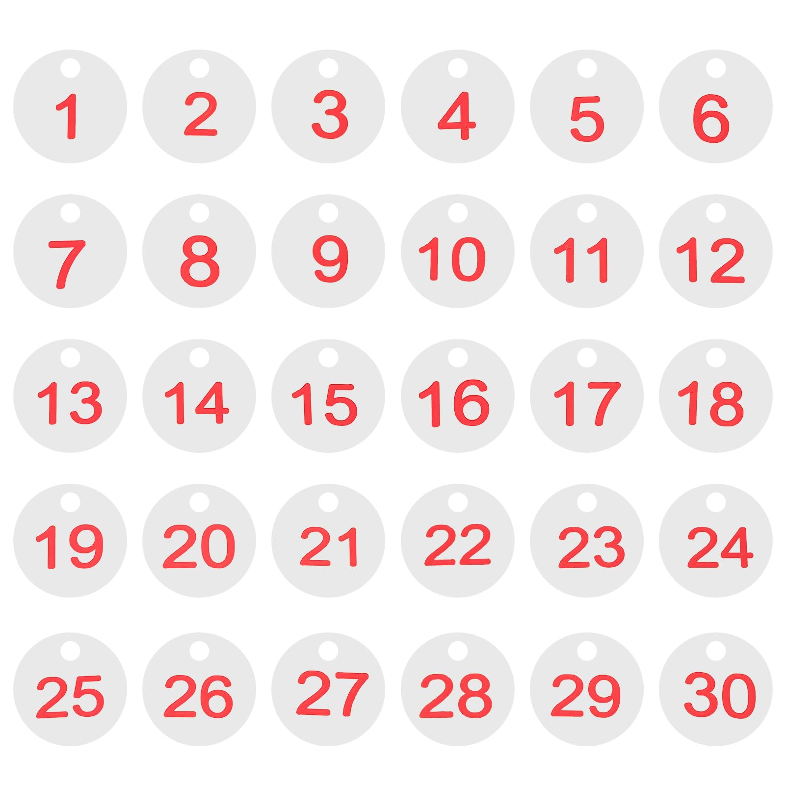 PATIKIL 1-30 Numbers Tags Plastic Round Numbered Marking Identify ID Key Hang Tag for Dormitory Key Chain Box Gym Cabinet Locker, White with Red Text