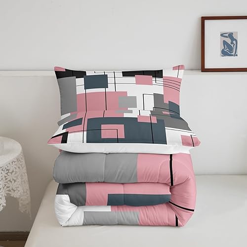 Miniatura 5 de Erosebridal Juego de ropa de cama tamaño individual, color negro, blanco, gris, rosa, geométrico, cuadrado, para niños, niñas, adolescentes,