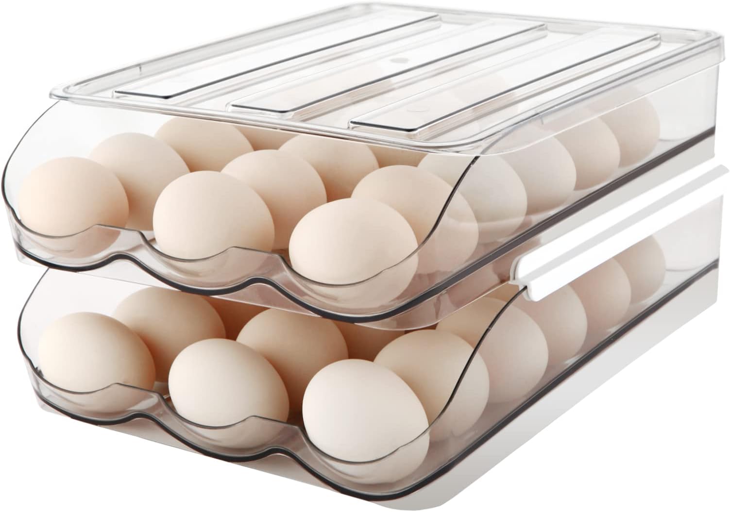 Mesrosa Egg Holder , Automatically Rolling Storage Container For Refrigerator,Large Capacity Organizer Fridge With Lid,Clear Plastic Dispenser, Tray & Bin -2 Layer