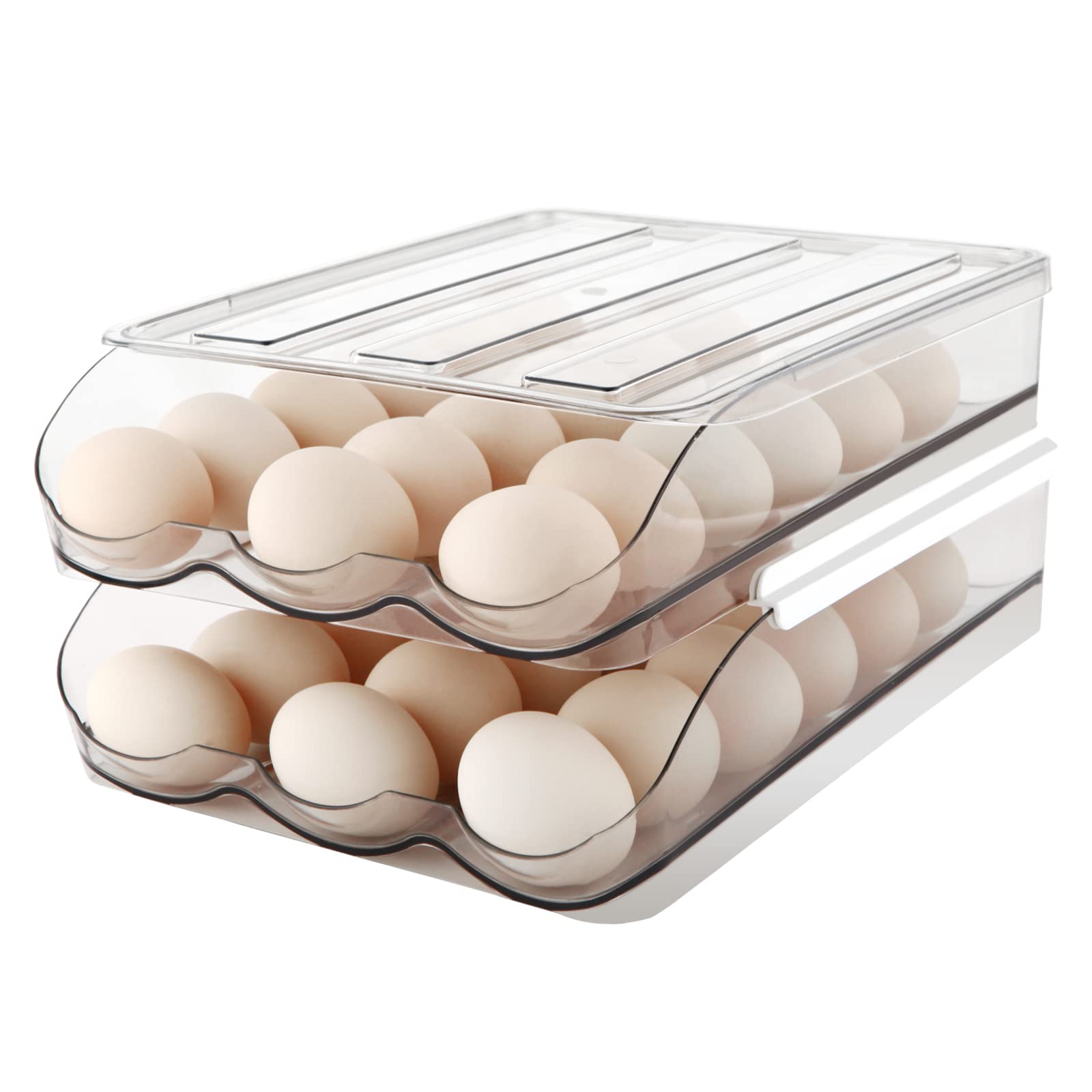 MesRosa Egg Holder for Fridge, Automatically Rolling Egg Storage Container for Refrigerator,Large Capacity Egg Organizer for Fridge with Lid,Clear Plastic Dispenser, Tray & Bin -2 Layer