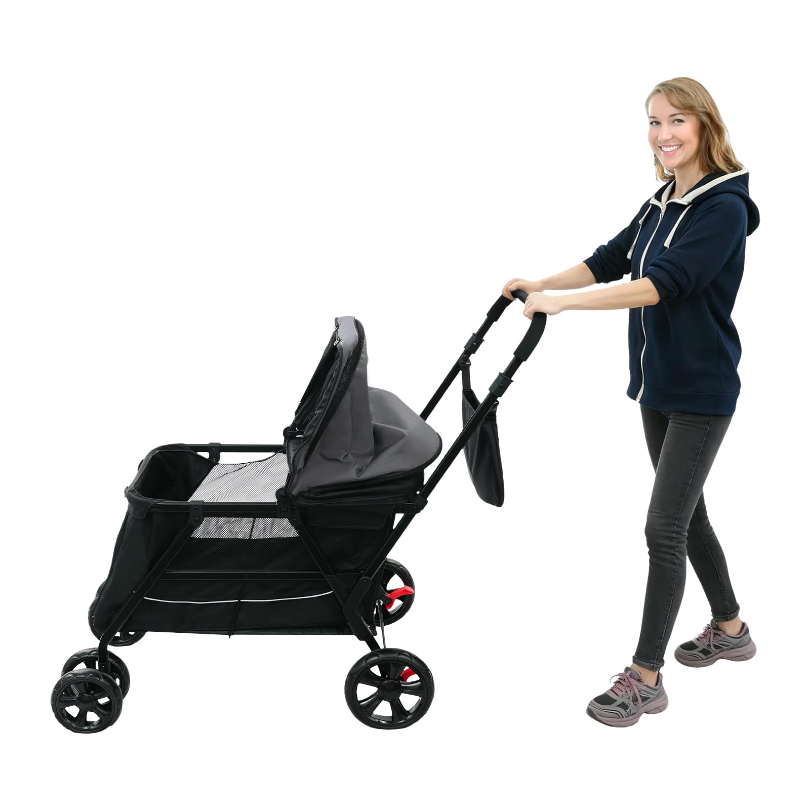 JIDIJINGH Passeggino pieghevole per cani con tavola da arrampicata, per cani e gatti, fino a 30 kg, ruote a 360° con freni, traspirante, borsa portaoggetti, nero