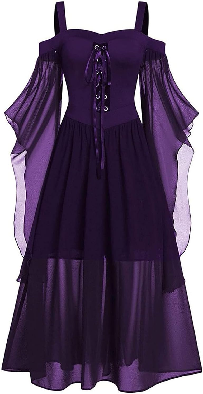 Women's Gothic Vintage Dresses, Halloween Skeleton Print Lace Sling Swing Midi Dress