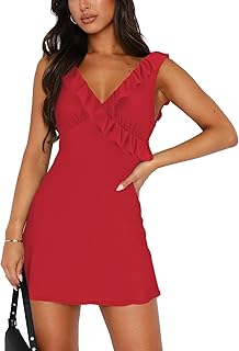 Women's Sexy V Neck Sleeveless Backless Ruffles Dress for Women Elegant Mesh Party Fitted Cocktail Mini Dresses - Buy now