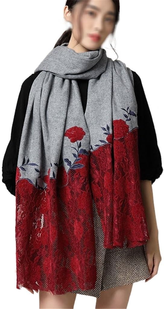[DIOWP] スカーフ女性の冬多用途ウールショールデュアルユース暖色レース刺繍スカーフ