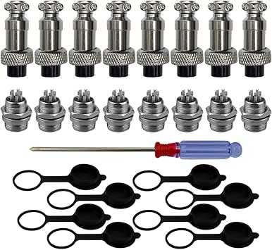 FULARR 8Pcs Premium GX12-5 Pin Aviation Connector Plug Adapter, 5A 12MM Thread Male Female Metal Panel Aviation Wire Connector Kit, with Rubber Protector Cap and Phillips Screwdriver