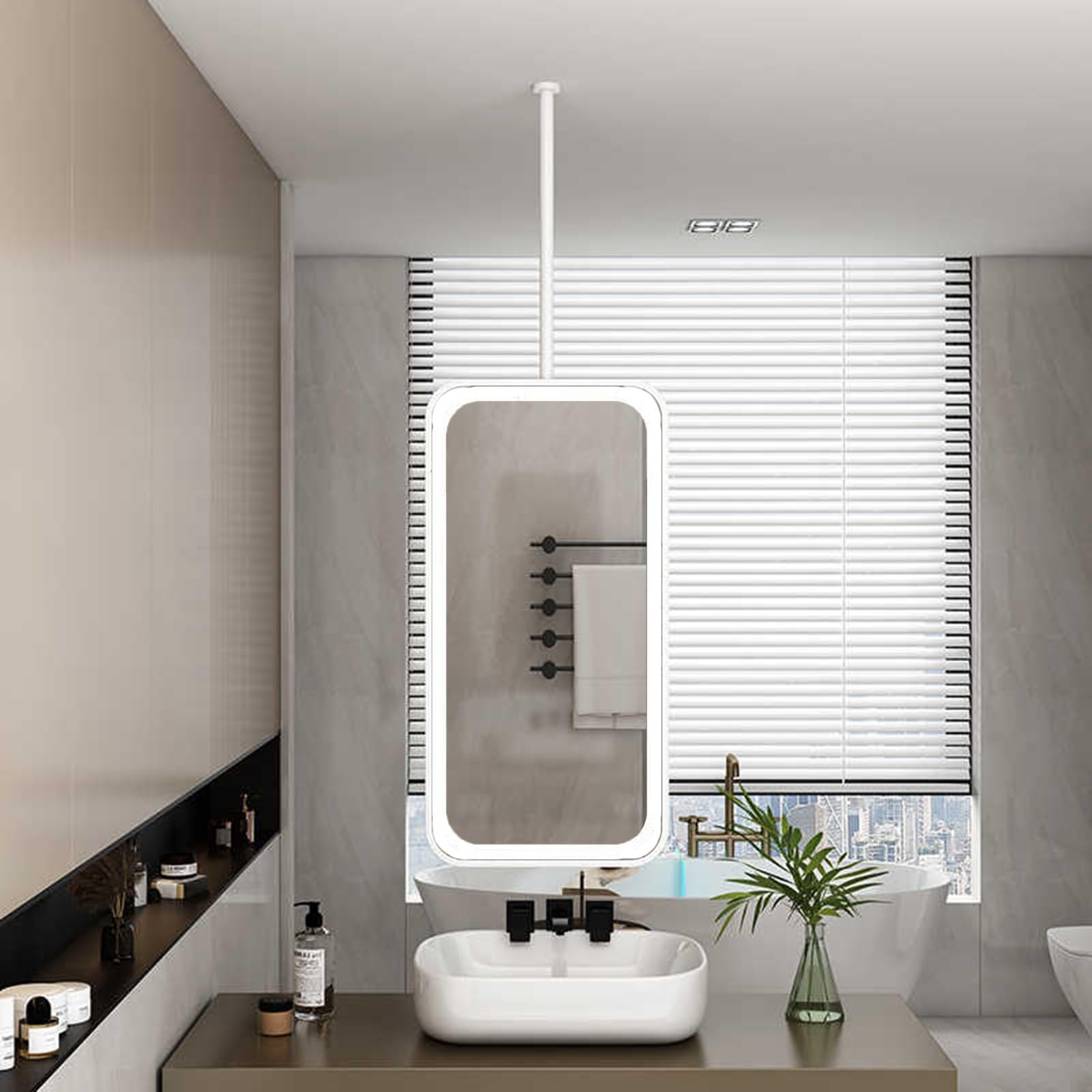MESOVFCA LED Ceiling Mirror, Floating Square Bathroom Vanity with 3 Colors and Dimmable Lights, Suitable for Home Or Hotel(White,60x100cm)