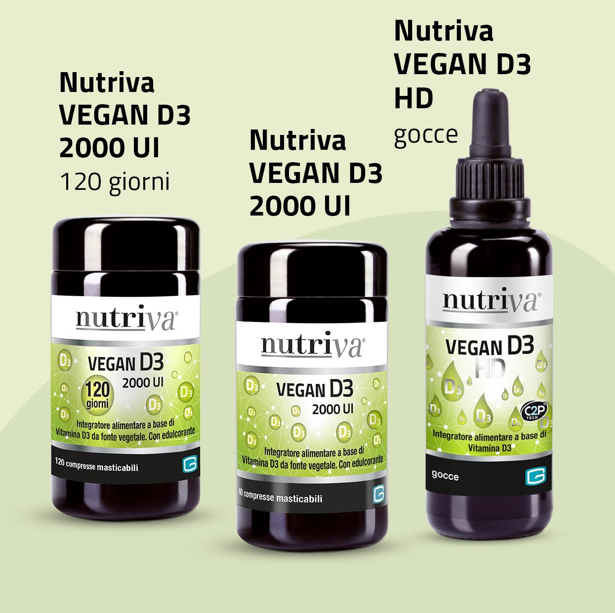 NUTRIVA Vegan D3, Integratore Alimentare a Base di Vitamina D3, Ideale per le Ossa e per il Supporto del Sistema Immunitario, Naturale, Privo di OGM, Glutine e Allergeni - 120 Compresse Masticabili