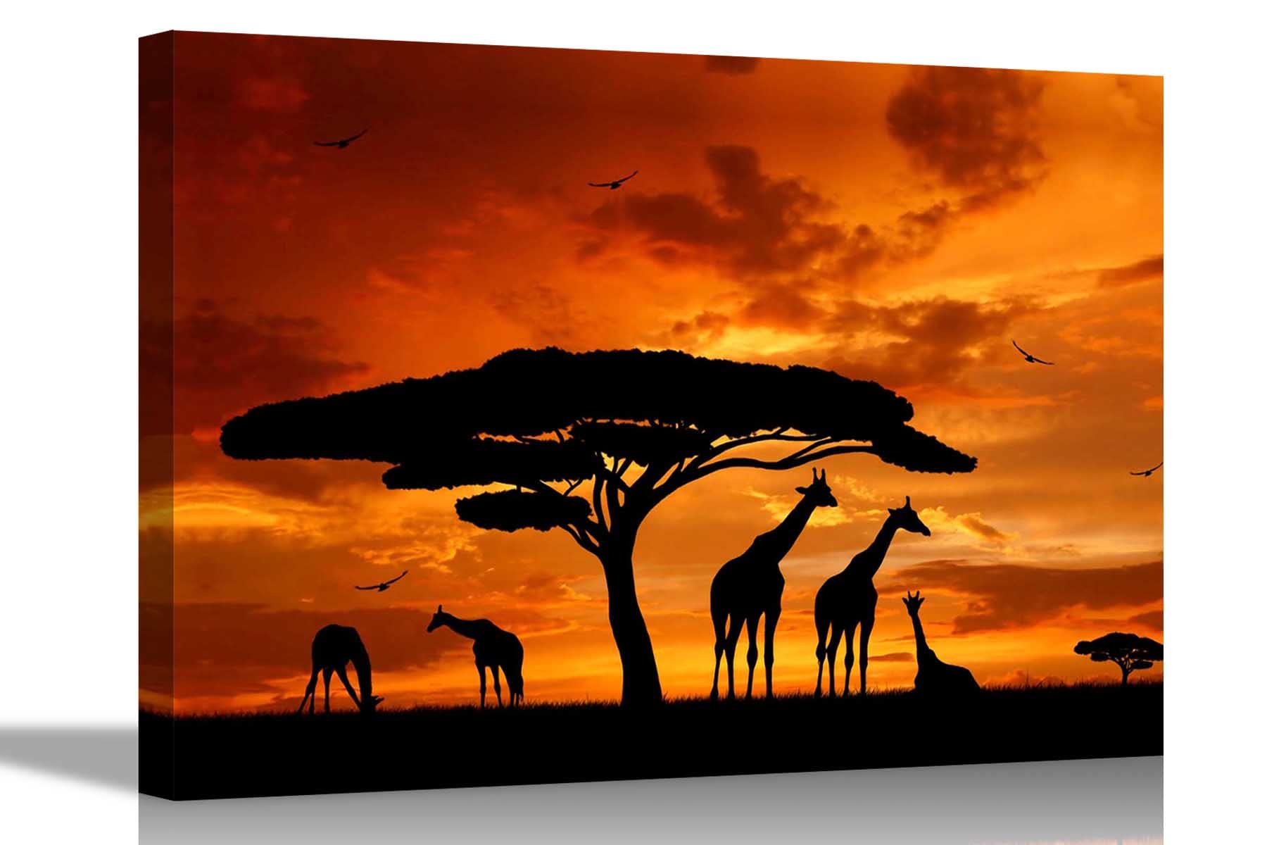 Artley Prints Red Giraffe Family Silhouette Prints Canvas Wall Art Pictures Animal Artwork Bird Photos Home Room Decor Stretched And Framed 86 X 61Cm (34 X 24 Inches)