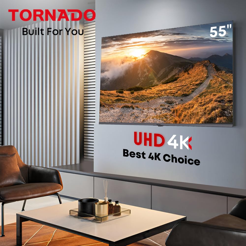 TORNADO 4K UHD Frameless Smart TV 55 Inch Android, Black, Youtube, Netflix, Big Size Ultra HD Television With Full Size Screen, No Frame 55UA1410E